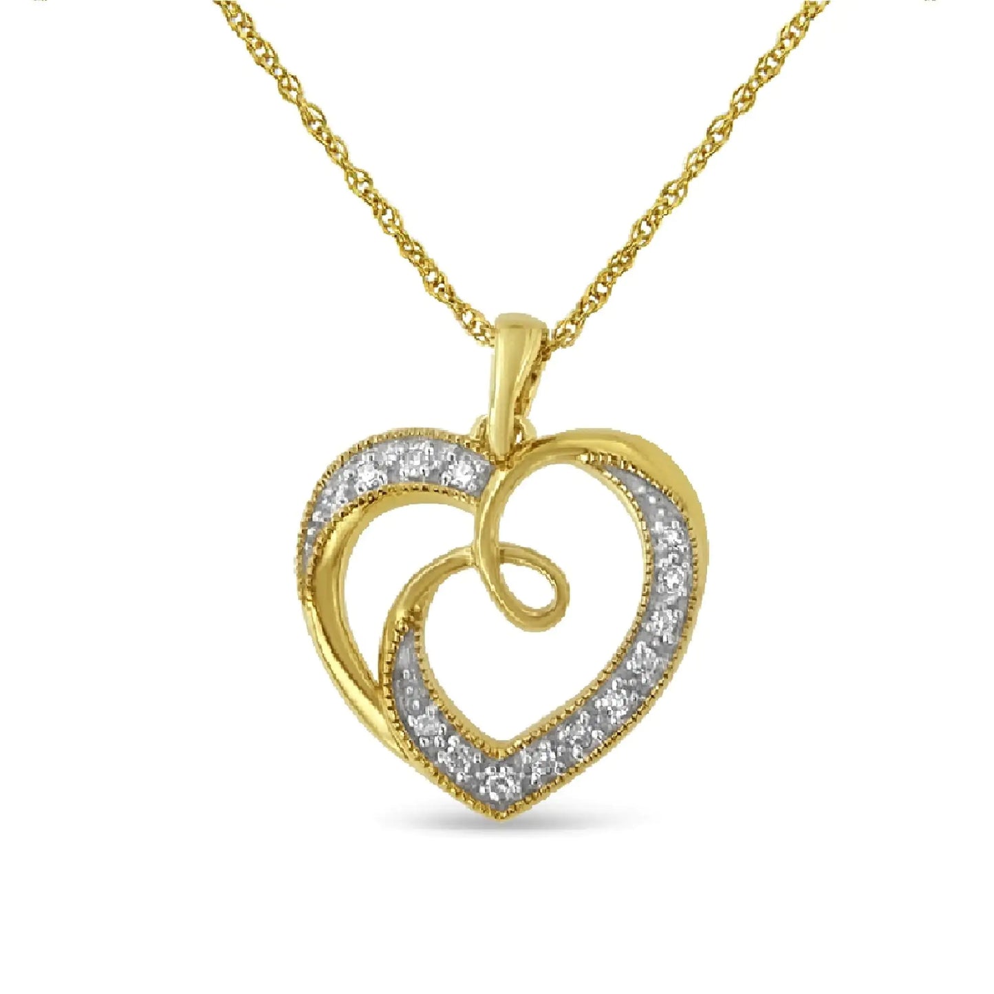 14K Yellow Gold Plated Diamond Accent Ribbon & Heart 18" Pendant Necklace