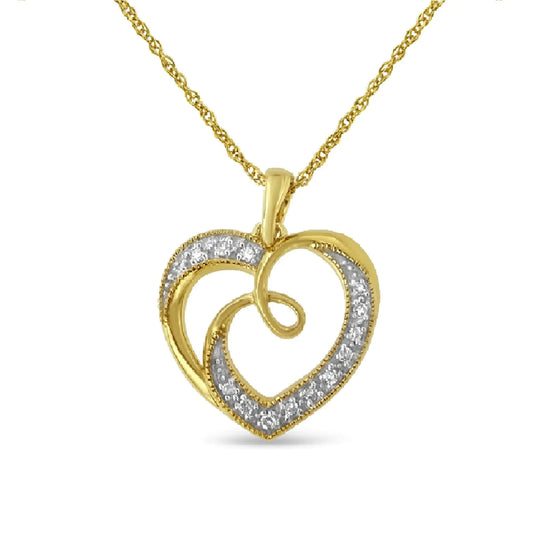 14K Yellow Gold Plated Diamond Accent Ribbon & Heart 18" Pendant Necklace
